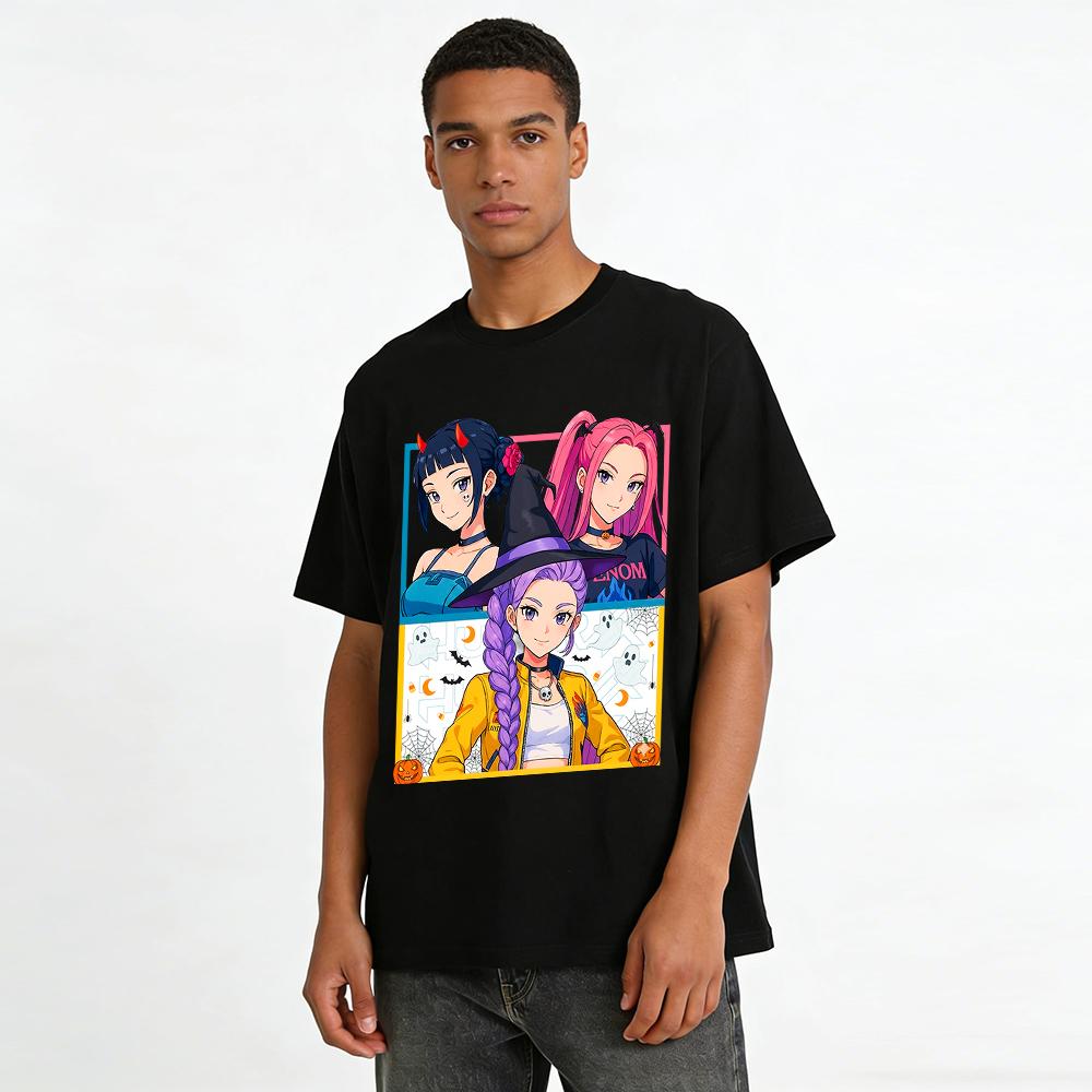 Halloween Themed Anime Girls Print Top Trendy Cartoon Style Festival Vibe Casual Crewneck T-Shirt Pure Cotton T-shirt