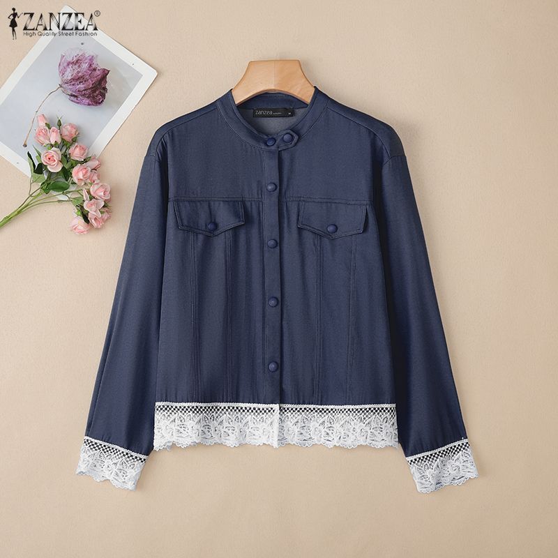 

ZANZEA Women Casual Long Sleeve Loose Lace Splice Blouse 5XL тёмно-синий