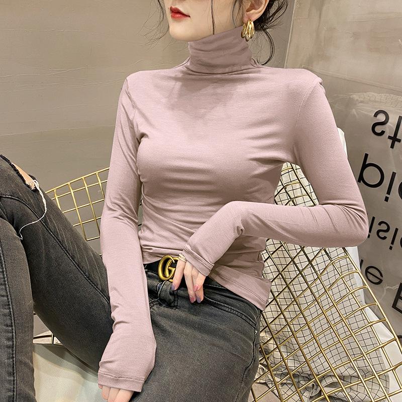 

Черная водолазка из модала в иностранном стиле, верхняя часть рубашки, женская весенне-осенняя рубашка с тонким наборным воротником и длинными рукавами, облегающая футболка 3XL