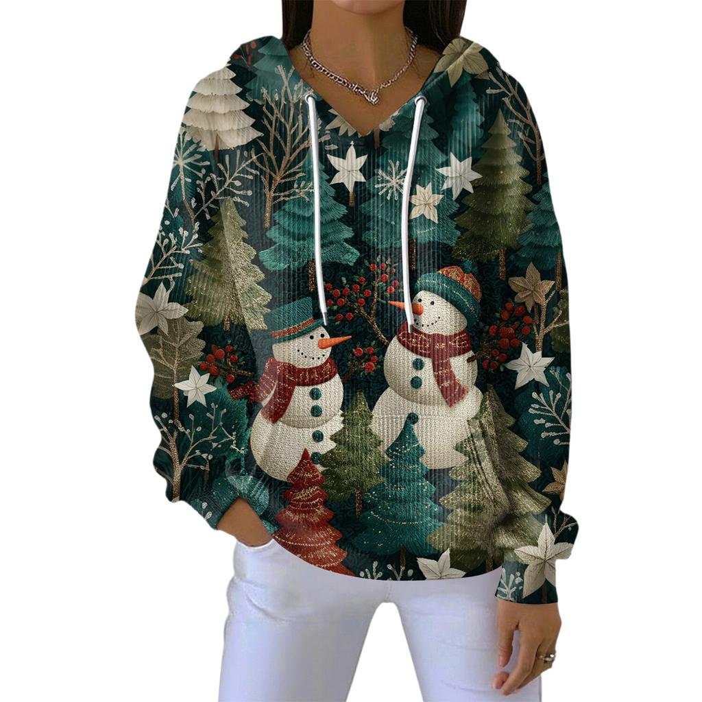 Women's Loose Comfortable Casual Fashion V-Neck Christmas Print Long Sleeve Hoodie
