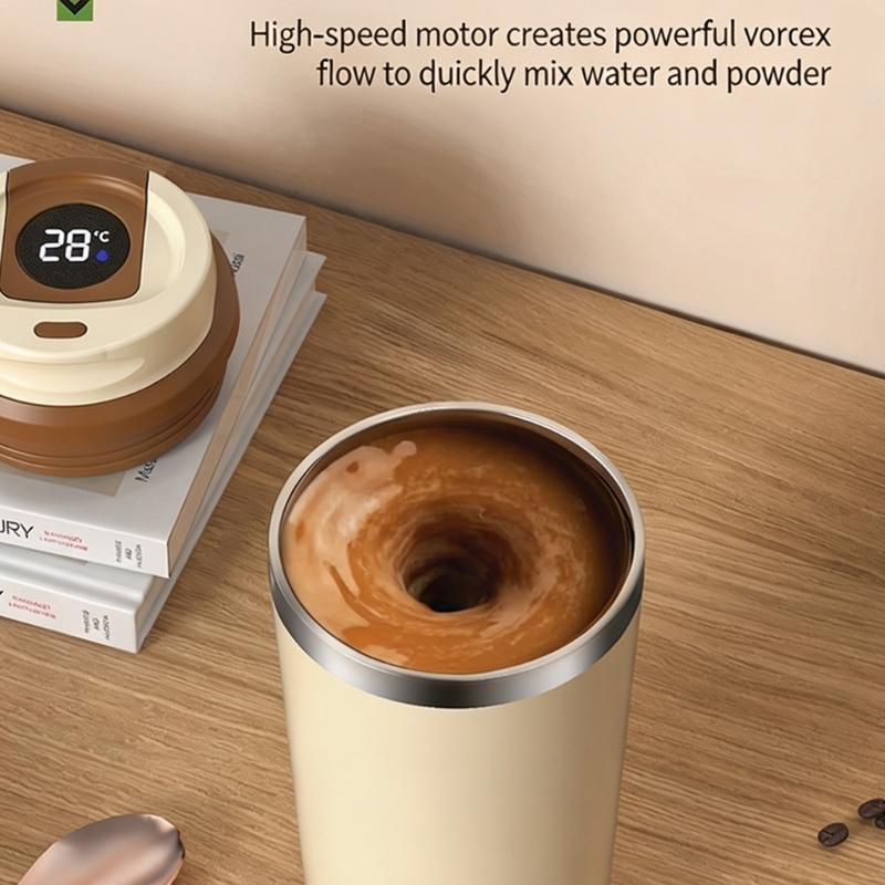 Rechargeable Automatic Stirring Cup with Top-Mounted Temperature Display, Button-Activated Mixing, Removable Base, and 316-Grade Interior