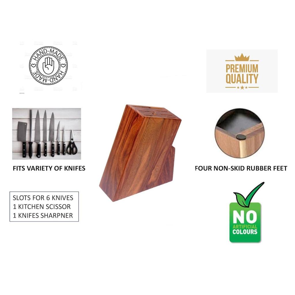 Wooden Knife Stand for Kitchen with 6 Universal Knife Slot, 1 Scissor Slot - Knife Holder for Kitchen | Wooden Knife Holder / Stand Without Knife