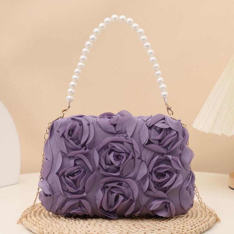 Elegant Women 3D Rose Floral Shoulder Bag Romantic Flower Pattern Pearl Handle Detachable Chain for Prom Graduation
