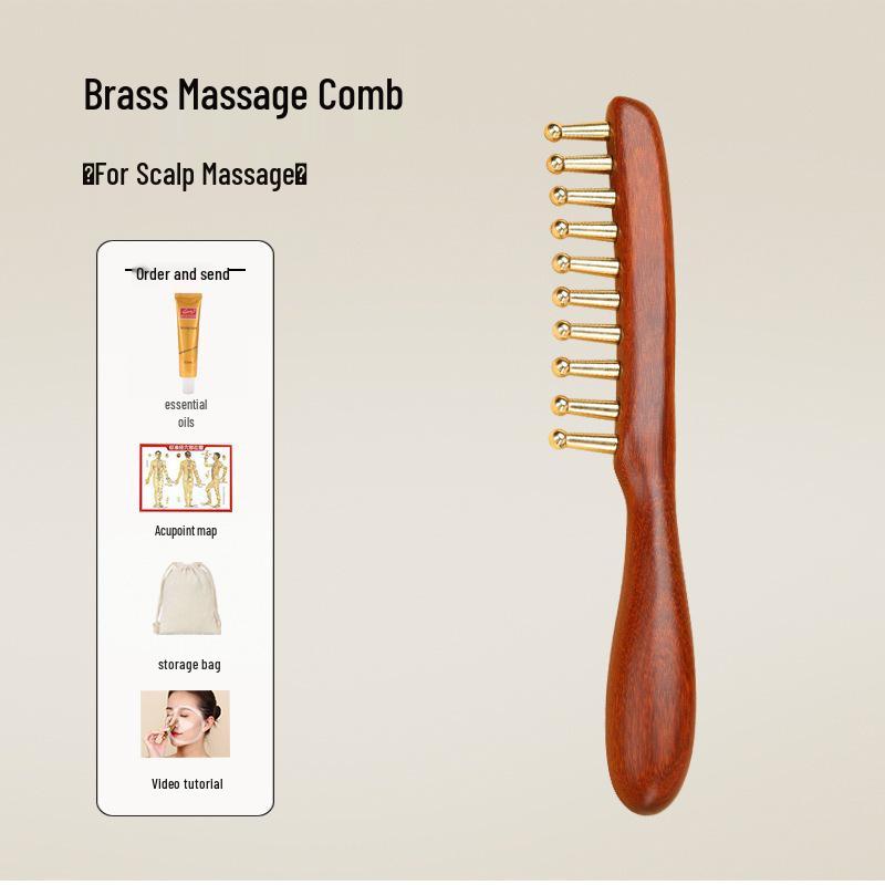 Golden Sandalwood and Brass Massage Comb for Scalp and Hair Therapy with Pure Copper Teeth