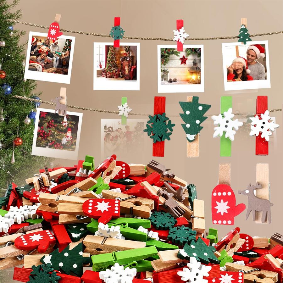 100PCS Christmas Wood Clips Christmas Tree Photo Clips Elk Gloves Snowflake Clothespins DIY Photo Pegs for Home Art Craft Decor
