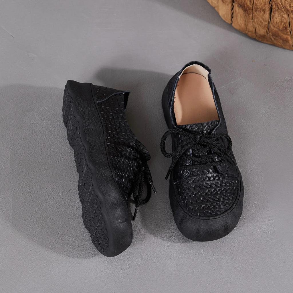 Johnature Retro Lace Up Soft Soled Shoes Comfortable Genuine Leather Versatile Women's Flat Shoes