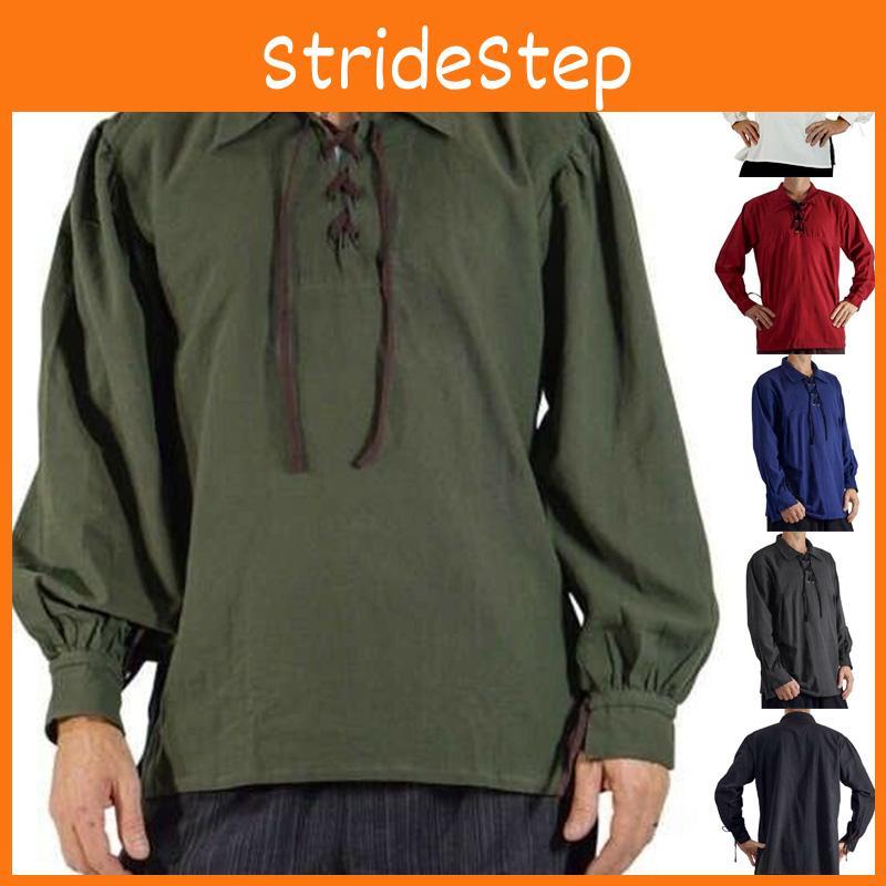 V-neck Lace Up Medieval Peasant Shirt In Cotton Blend For Ren Faire Cosplay