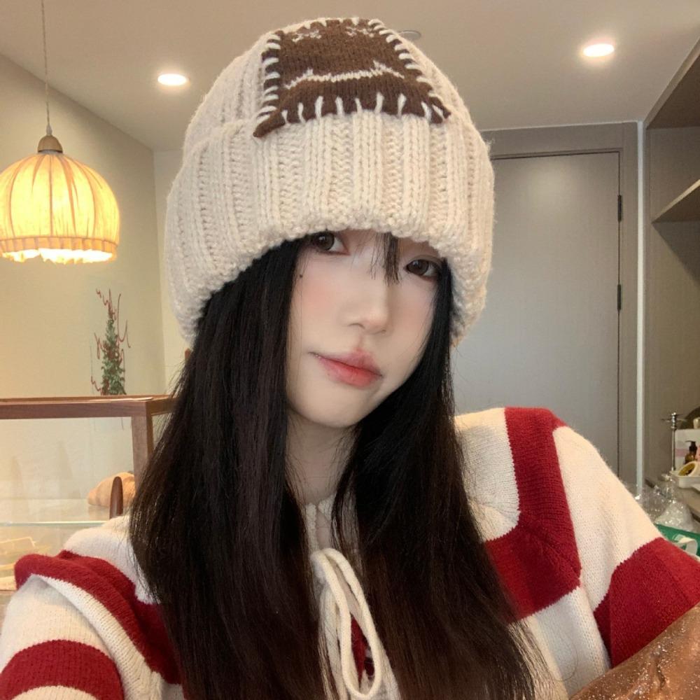 

Soft Smiley Face Patch Hat Streetwear Warm Winter Hat Knitted Wool Hat Outdoor Activities світлого кольору хакі