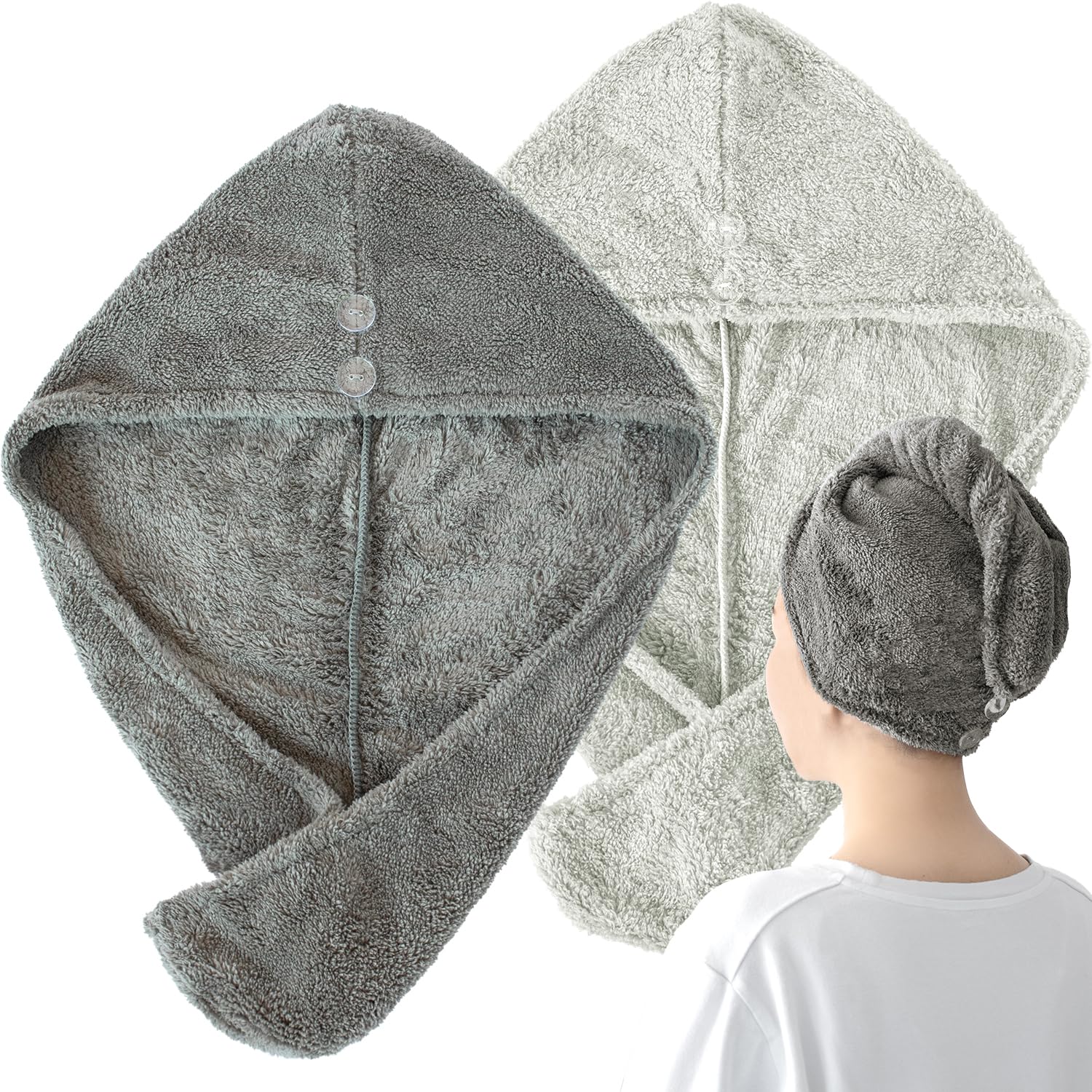 Bloom Hair Drying Cap Windless Hair Dryer Hair Fluffy Hair Towel Hair Drying Towel Gray x 2-Pack Turban, Microfiber, Absorbent, Cap, Cap, (Charcoal