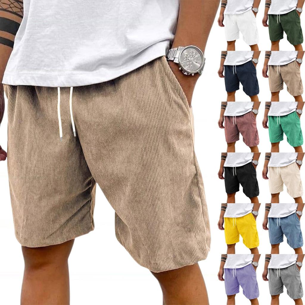 Men's Retro Corduroy Shorts, Casual Loose And Textured Shorts, Solid-color Sport Knee-length Pants