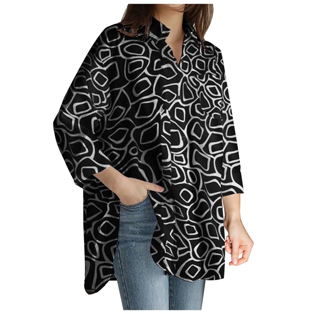 Damen Casual Fashion Print Einreihiges Revers Nähte Langarm Lose Hemd