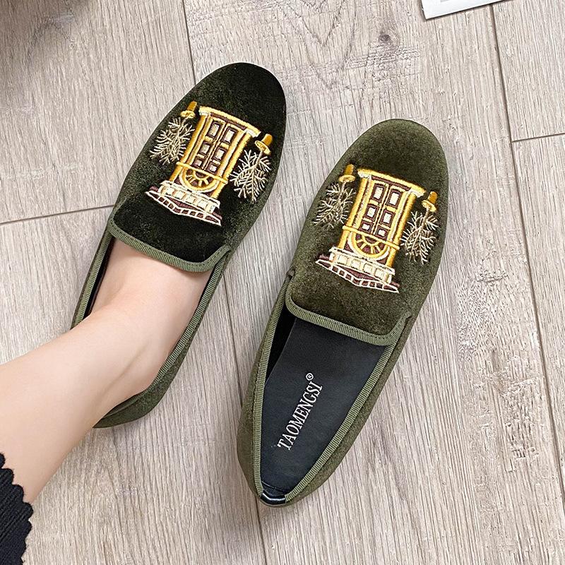 

313 женская обувь изысканная вышивка на одной педали бархатные на плоской подошве с мягкой подошвой лоферы Doudou одинарная обувь женская 43