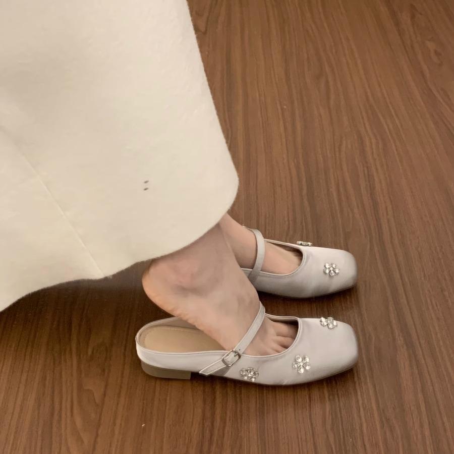 Niche design sense one-word buckle bag head half slippers female summer wear with skirt fairy wind rhinestone silver single shoes female
