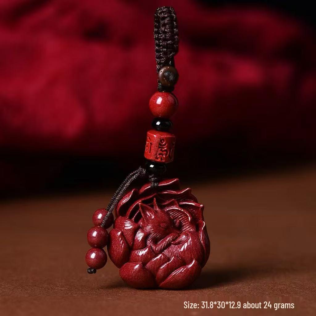 Cinnabar Zisha Red Nine-Tailed Fox Pendant Necklace & Keychain Charm