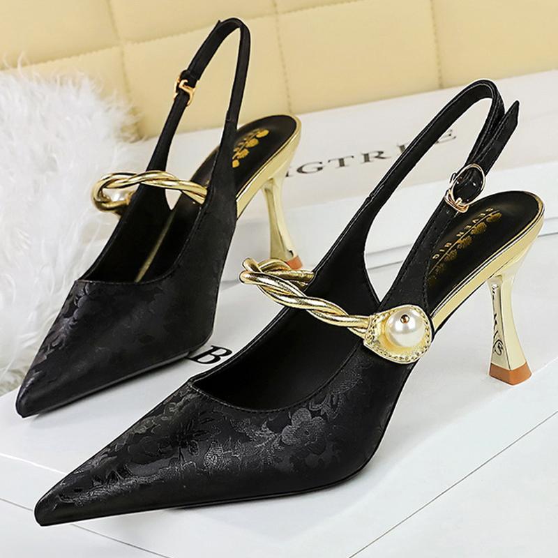 2025 New Ethnic Style Women Pumps Silks Satins High Heels Pointed Hollow Women Sandals Metal Heel Kitten Heels Sexy Party Shoes