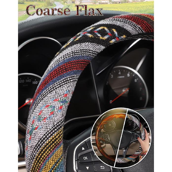 SEG Direct Boho Steering Wheel Cover With Baja Blanket Cloth, Ethnic Style Auto Wheel Cover Made Of Coarse Flax, Fits 14 1/2-15 1/4 Inches Car Wheel