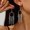 Retro Old Ancient Silver Fringed Turquoise Pendant Earrings Temperament Vacation Bohemian Long Earrings