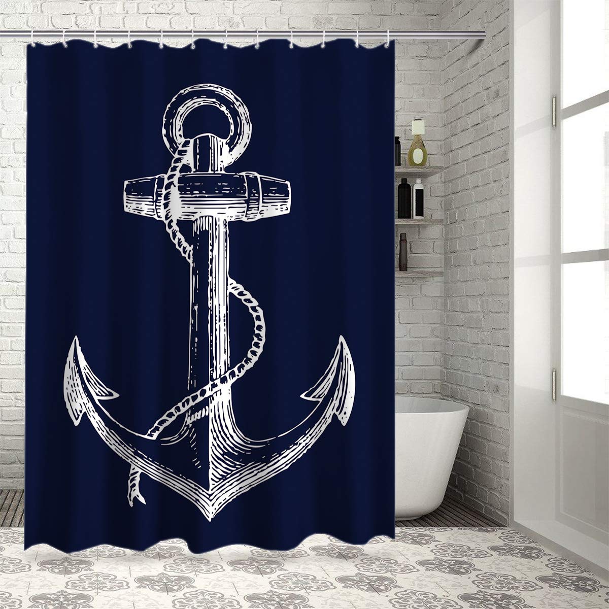 

Nautical Sailboat Wooden Shower Curtain Compass Anchor Lighthouse On Vintage Barn Door Pirate Fabric Bathroom Decor With Hooks W60H190(CM)-1 Pcs