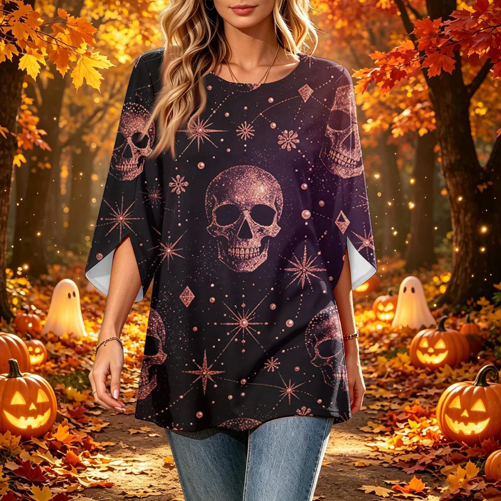 Women's Halloween Print Casual Loose Fit Three-Quarter Sleeve Round Neck Top