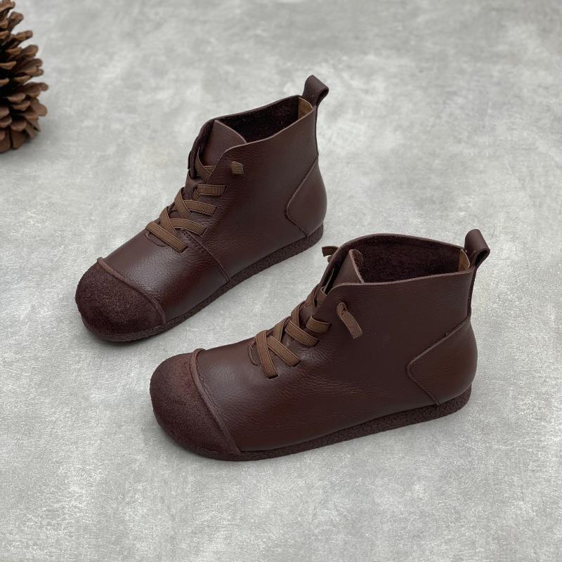 Autumn and winter new cowhide short boots literary and retro style soft leather soft bottom velvet warm leather Martin boots