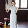 Womens Sleeveless Chinese-style Long Cheongsam Dress With Embroidery 2026 Lightweight Stretch Cotton-Blend Retro Elegant