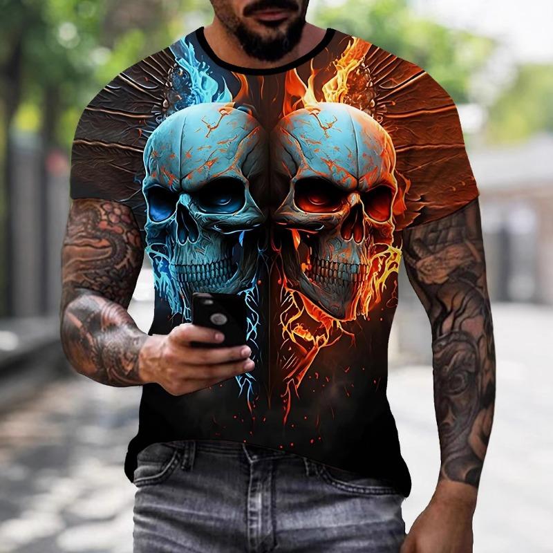 Mens Summer Clothing 3D Printed Skull Graphic T Shirts Round Neck Short Sleeved