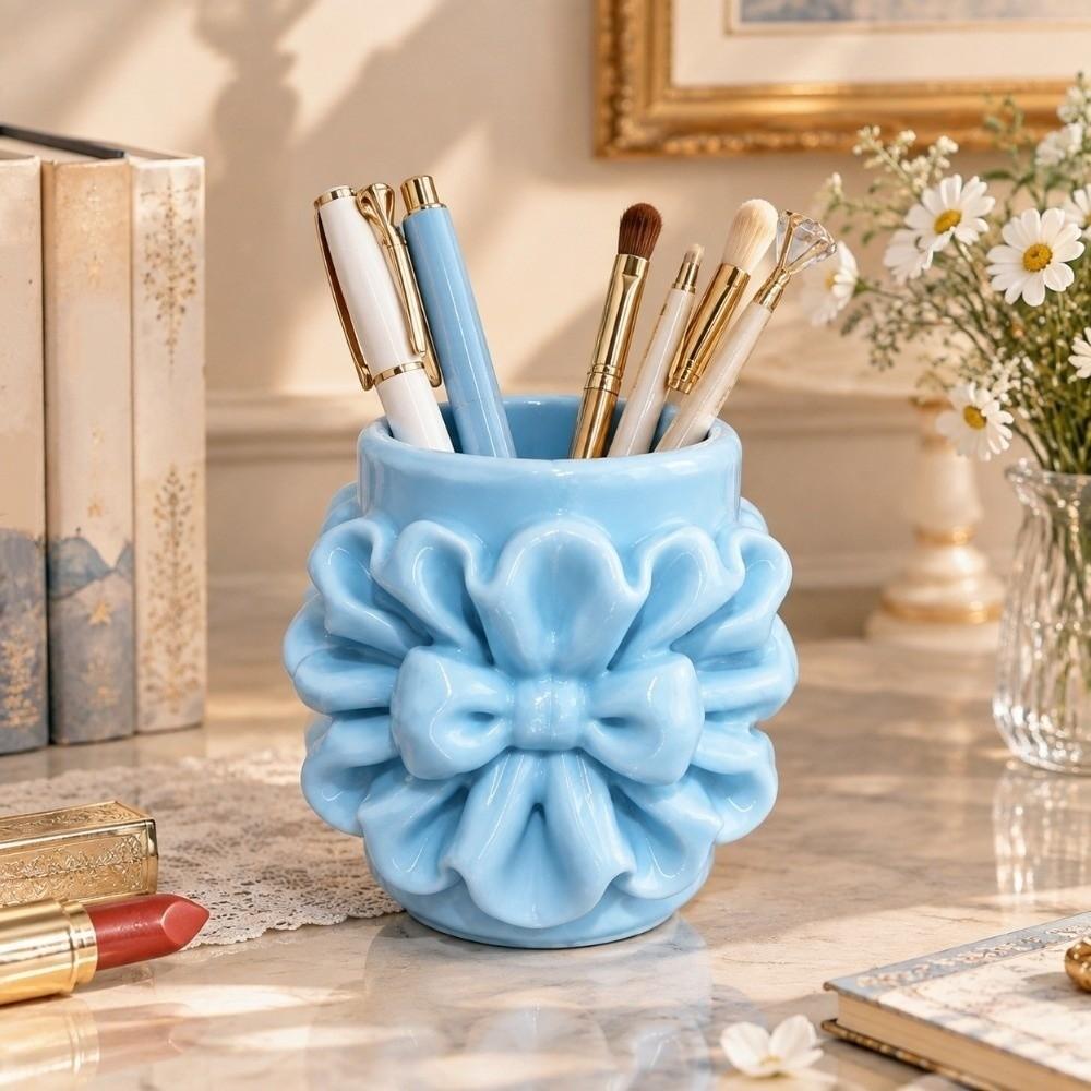 Multifunctional Makeup Brush Holder Bow Desktop Organizer Sweet Pencil Holder Beauty Tool Storage