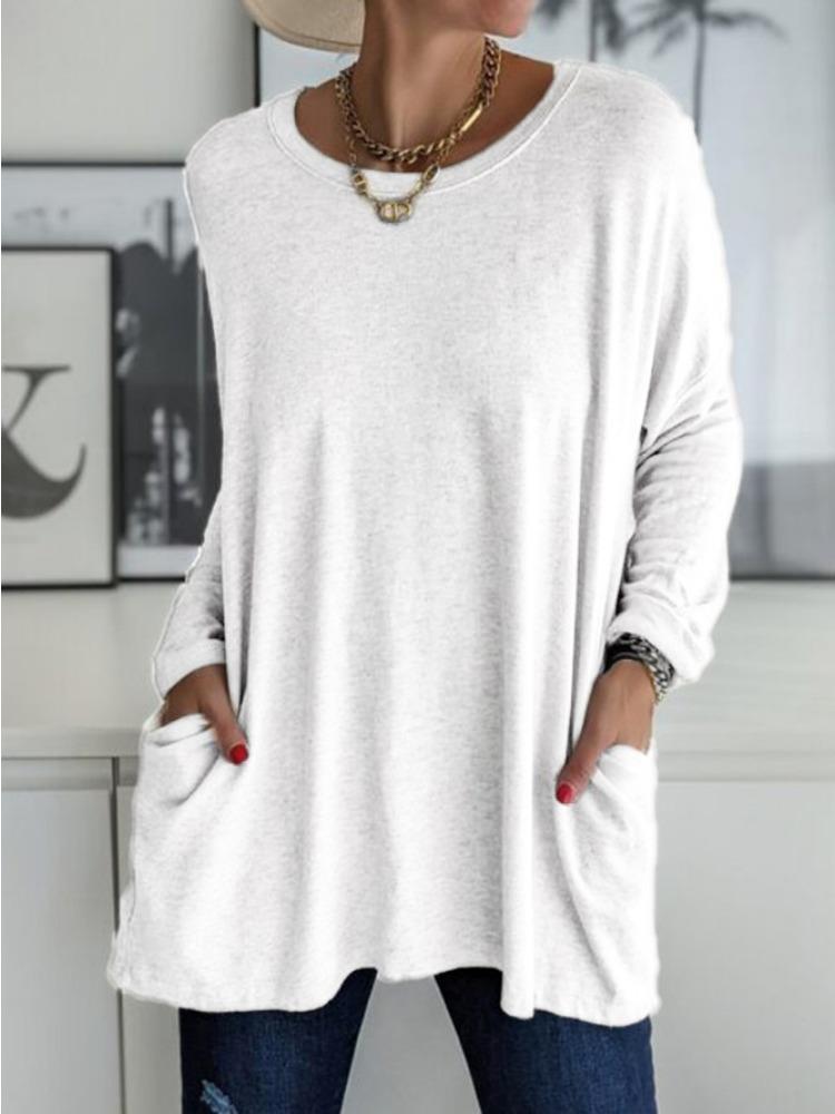 Spring and Summer New Round Neck Long Sleeved Loose Pocket Solid Color T-shirt Casual Women's Clothing