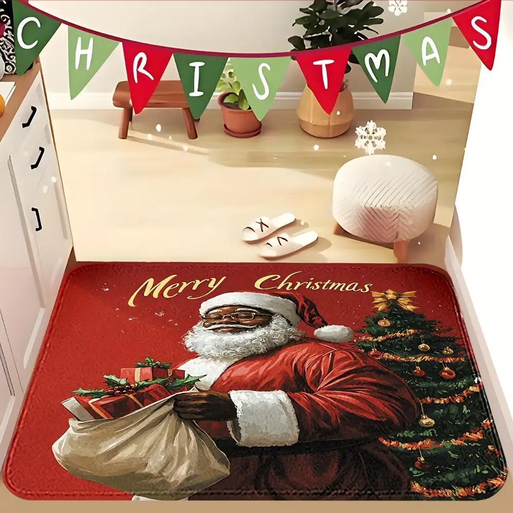 1pc Vintage Santa Claus Christmas Welcome Doormat, Non‑Slip Absorbent Floor Mat for Home Entryway, Holiday Home Decor