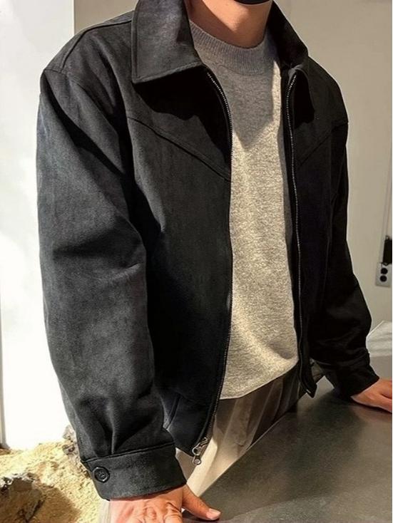 Retro British Velour Faux Suede Jacket - Solid Lapel, Frosted Finish, Autumn/Winter Trend