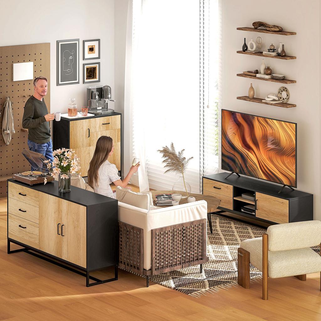 Modern Storage Sideboard with 3 Cabinets and 2 Drawers, Multipurpose Cabinet in Particle Board and Steel, 80x35x85 cm, Black and Wood