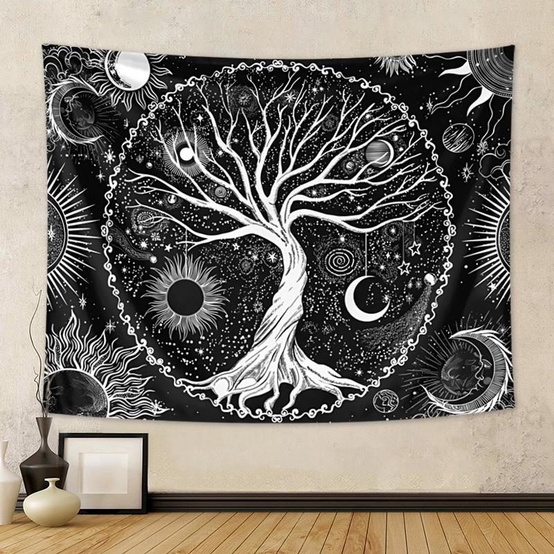 1pc Tree of Life tapestry wall hanging, sun, moon, stars black and white tapestry, Milky Way wall tapestry