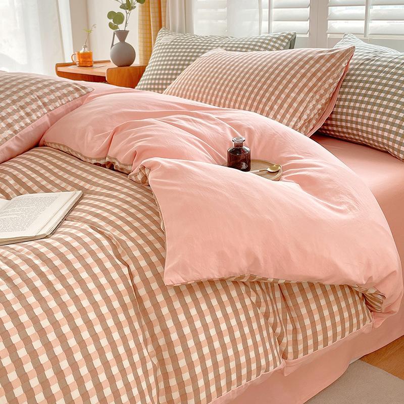 Unbedrucktes, vierteiliges, dreiteiliges, gewaschenes Bettbezug-Bettwäscheset im japanischen Stil mit kariertem Bettbezug