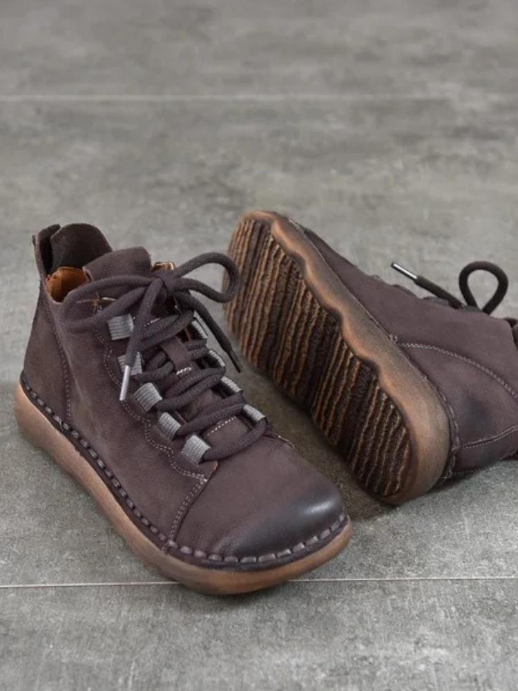 Johnature Scarpe da Donna in Vera Pelle Morbida Pelle Bovina Punta Rotonda Retro Stivaletti Bassi Piatti con Suola Morbida