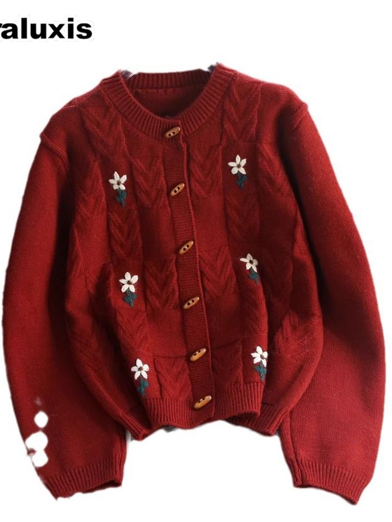 Vintage Handcrafted Embroidery Macrame Knit Sweater Coat Women Autumn New Style Loose Thick Lazy Style