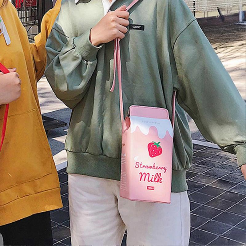 Niedliche Erdbeermilchkarton Umhängetasche Wasserdichtes PU Handy Schulter