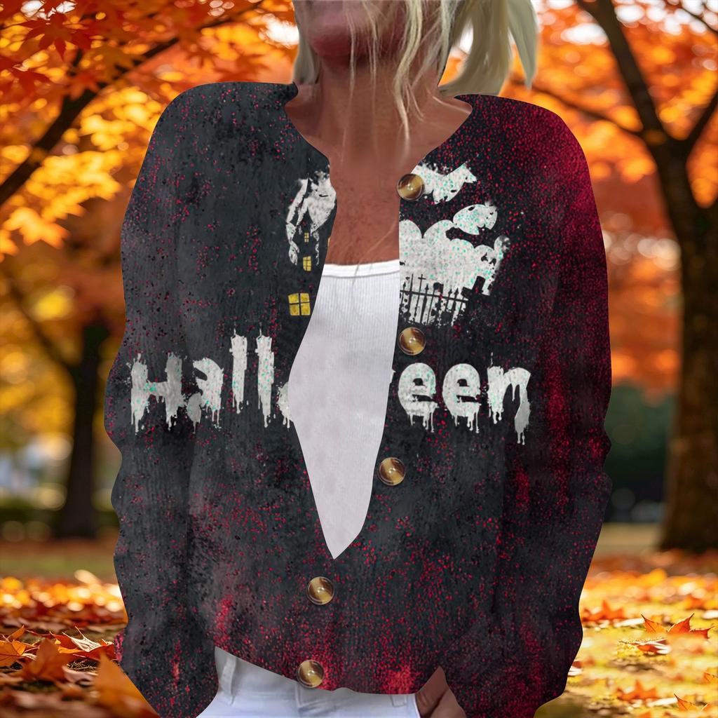 Women's Long Sleeve Knit Cardigan with Halloween Print Button Front