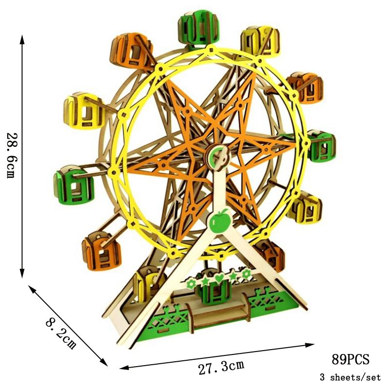 3D Wooden Puzzle Ferris Wheel Model Diy Assembly Kits Carousel Toys For Children Girls Christmas Tree Gift Home Room Decoration