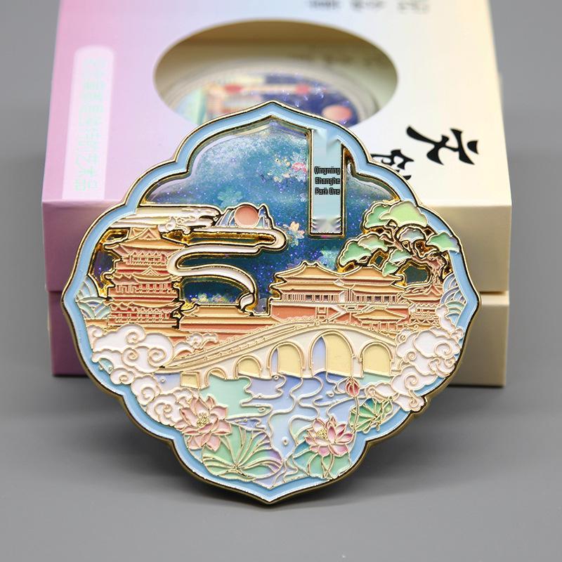 Available Chinese Style Glitter Metal Refrigerator Magnet - Customizable Scenic Area Souvenir