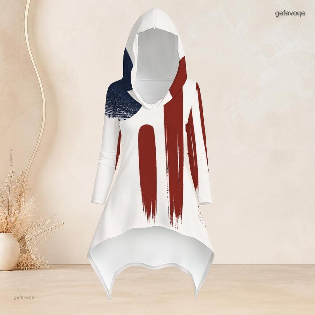 Women Plus Size Hooded Long Sleeve American Flag Printed High Low Top Fitted Pants Two Piece Set