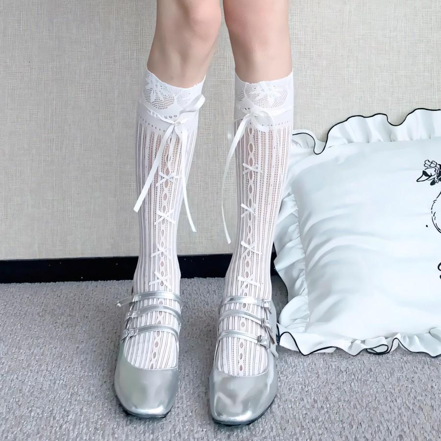 Süße Ballett-Spitzensocken für Mädchen mit Schleife – Weißes Netzmuster