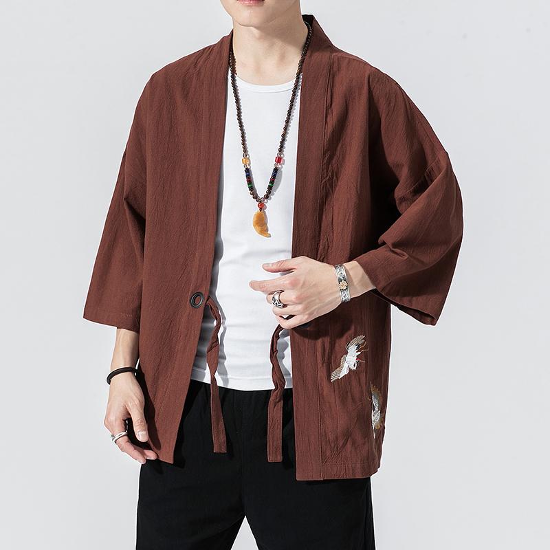 

Tsuruembroidery Kimono Harajuku Japanese Style Plus Size Men s Samurai Costume Yukata Asian Clothing Cardigan Jacket 5XL коричневий