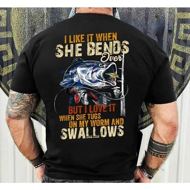 Men's Funny Bass Fishing Graphic Back Print Short Sleeve Fisherman Gift T-Shirt