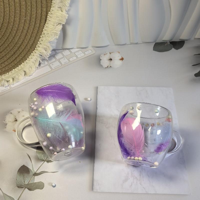 350ml Creative Double Walled Glass Coffee Mug with Feather Design Decorative Cup Heat-resistant Household Exquisite Gift Tea Cup