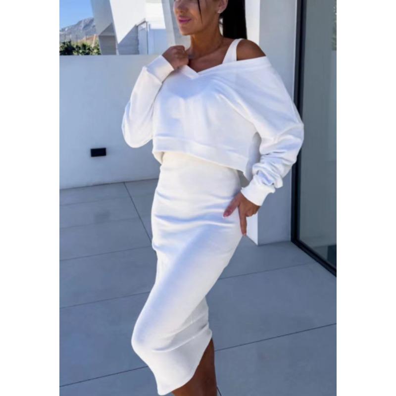 Spring and Autumn Women's Vest Dress V-Neck Long Sleeve Sweatshirt Knitwear Skirt Suit