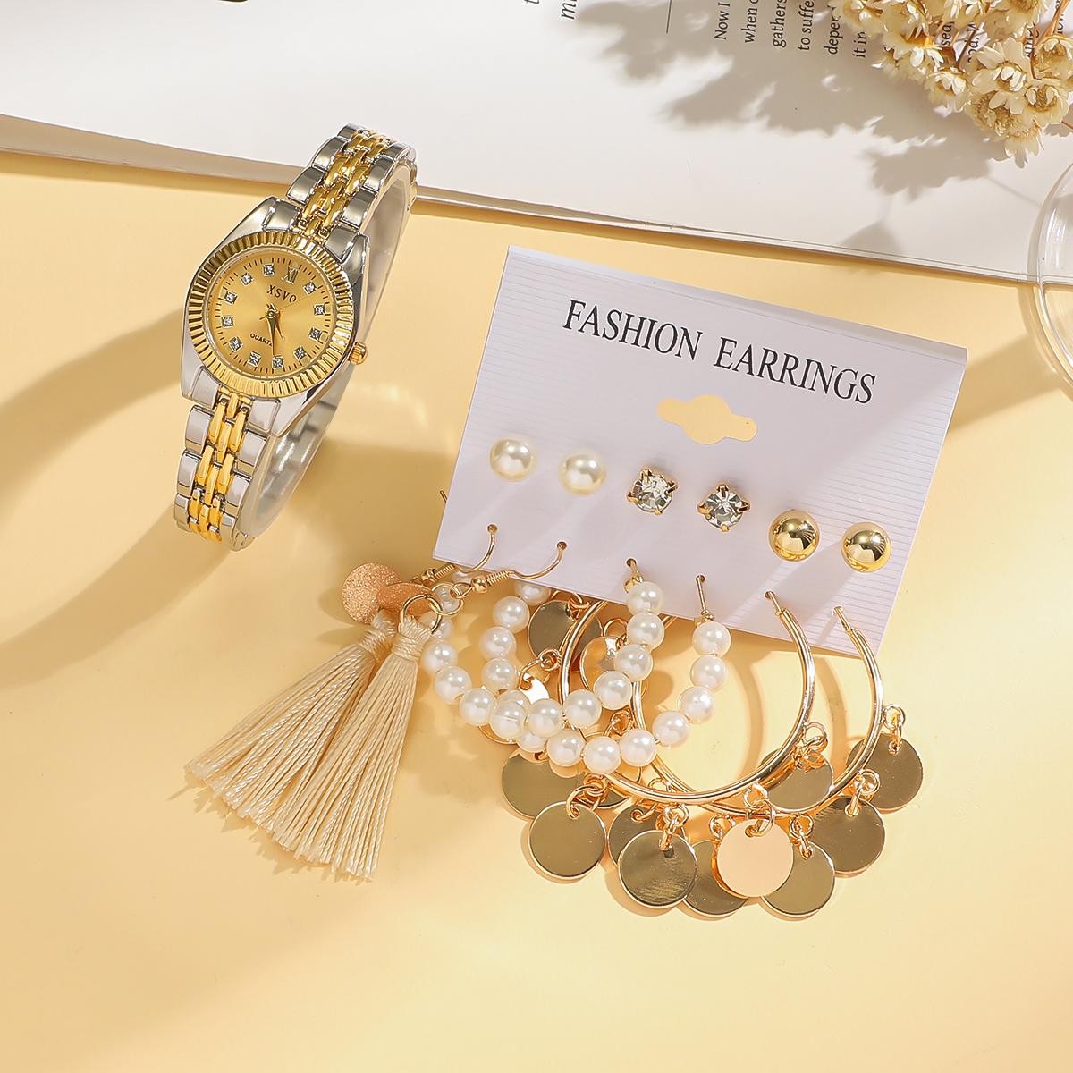 

No gift box New Aurora shell inlaid diamond star Roman face interval gold steel strap quartz watch with earrings two-piece set золотой