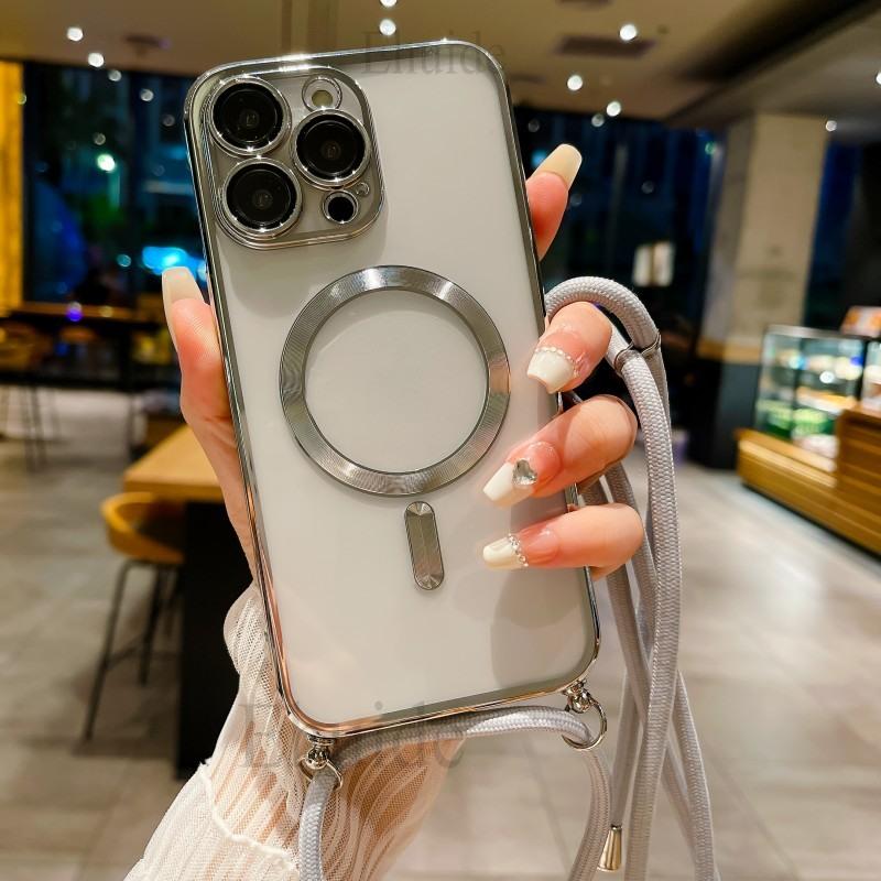 Magnetic Case For iPhone 17 16 14 13 12 11 Pro X XS Max 15 Plus Magsafe Transparent Plating Strap Crossbody Lanyard Neck Cover