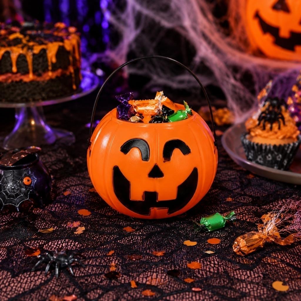 Halloween Pumpkin or - Handheld Candy Pail with Handle, Orange Decor for Party and Collection