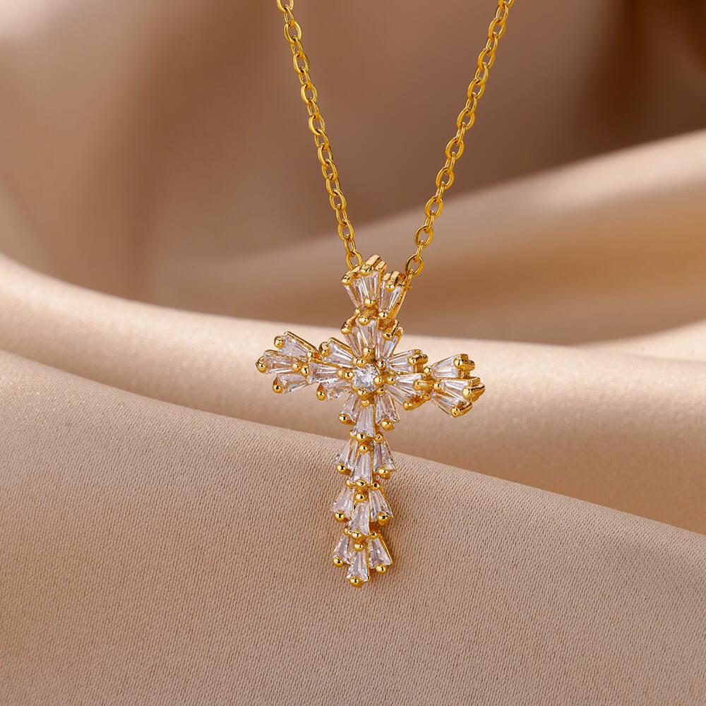 Exquisite Cubic Zirconia Flower Shape&Cross Pendant Necklace for Women Stainless Steel Crystal Cross Necklaces Luxury Jewerly