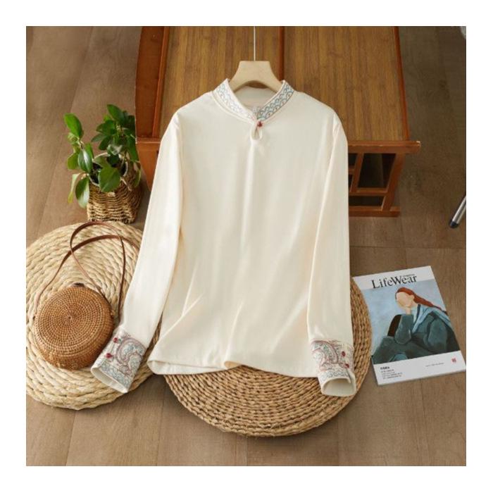 

2025 Китайская этническая ретро вышитая футболка с высоким воротником и длинным рукавом 2XL абрикосовый